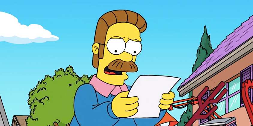Ned Flanders reads a letter surrounded by junk in The Simpsons season 36 episode 12
