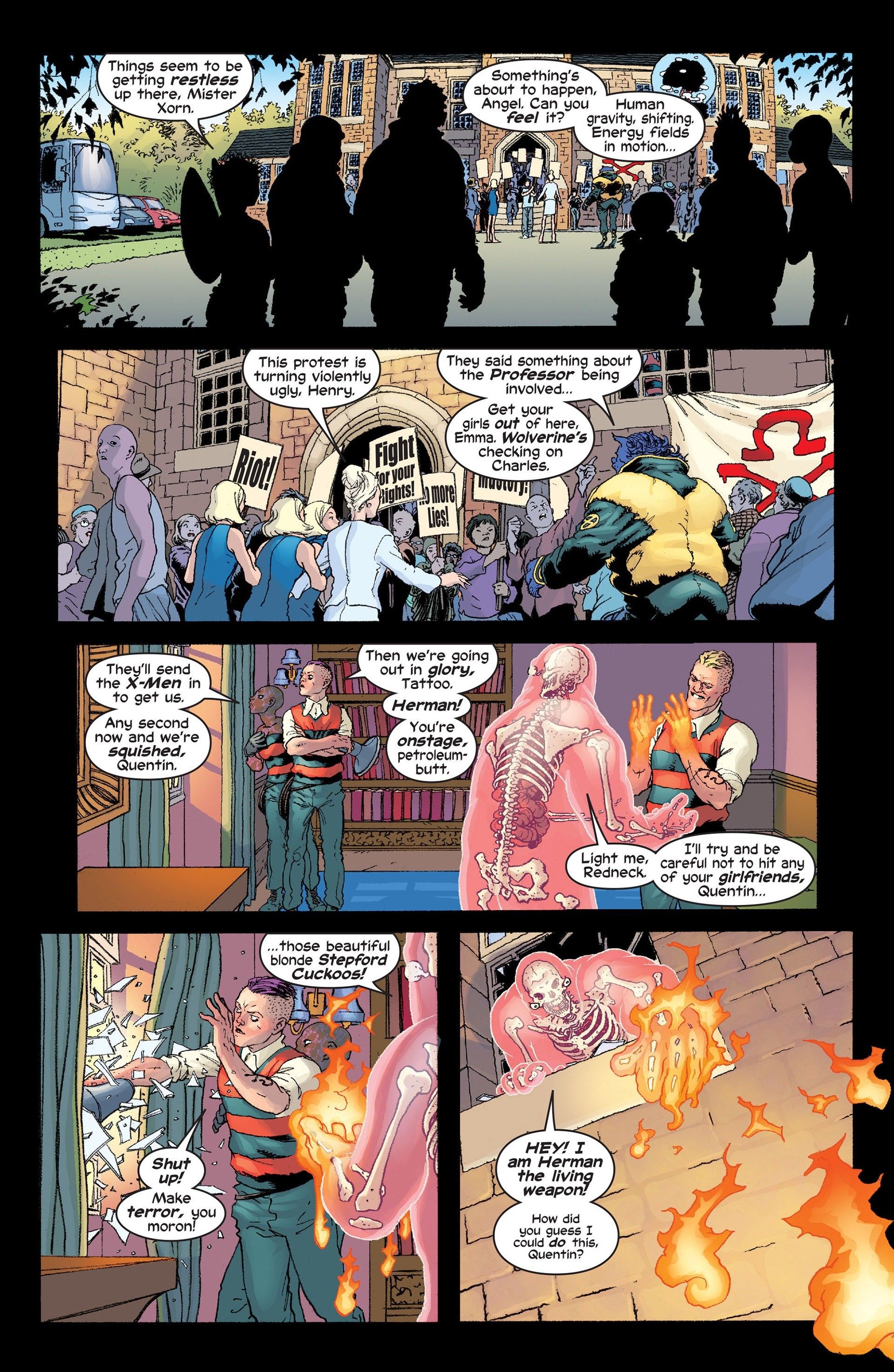 Glob Herman and Redneck throw flaming balls of fire at rioters.