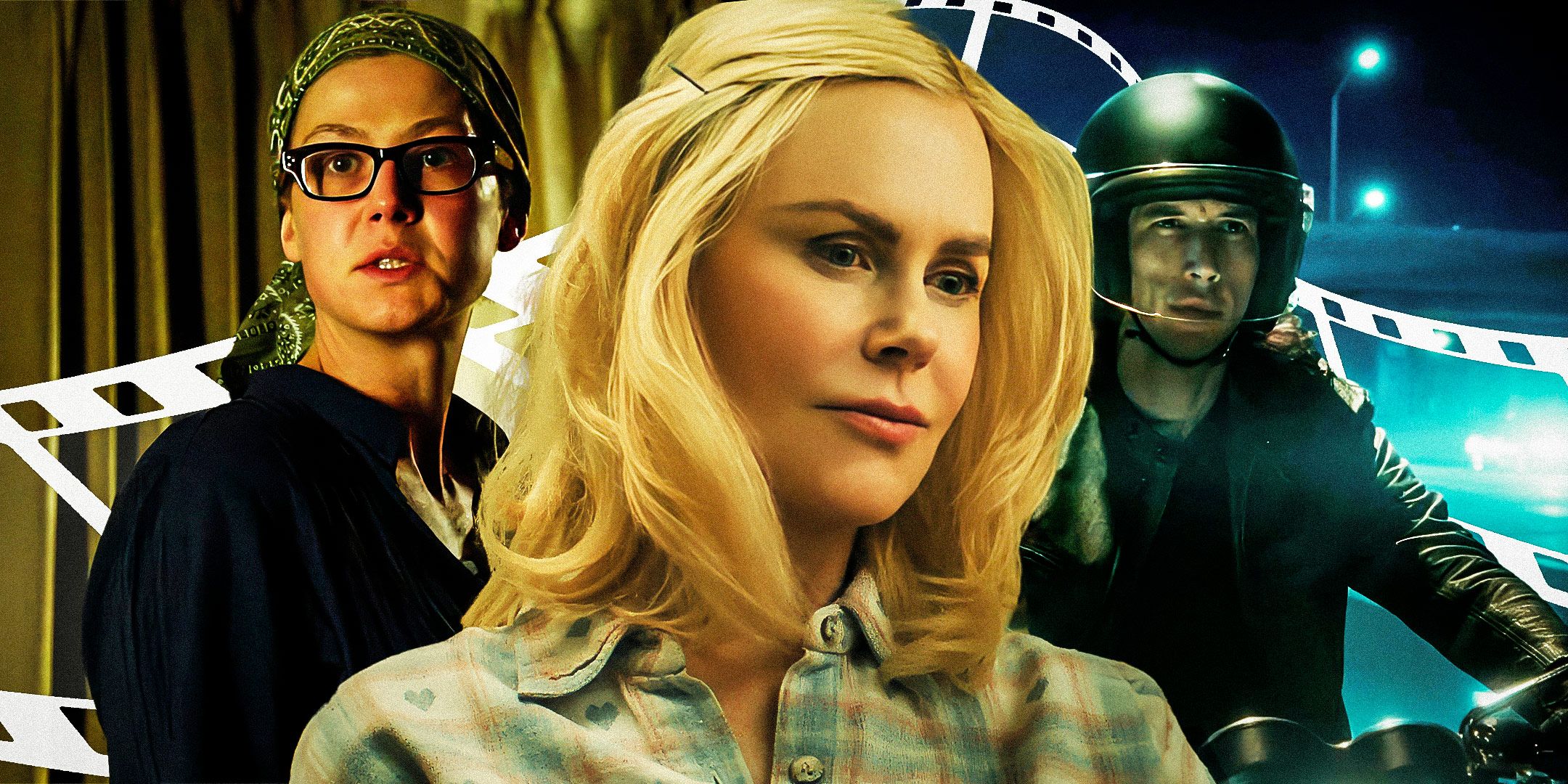 Rosamund Pike in Gone Girl to the left, Nicole Kidman in Holland in the middle, and Adam Driver in Annette to the right