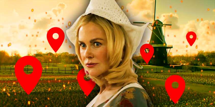 Nicole Kidman in Holland in front of a background image of windmills and location symbols