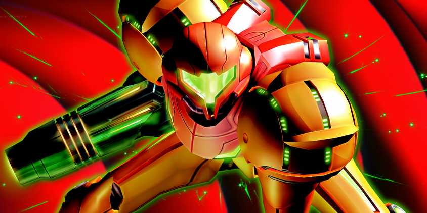 Samus from Metroid Prime poses with her cannon arm ready.