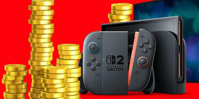 A docked Nintendo Switch 2 with Mario coins surrounding it.