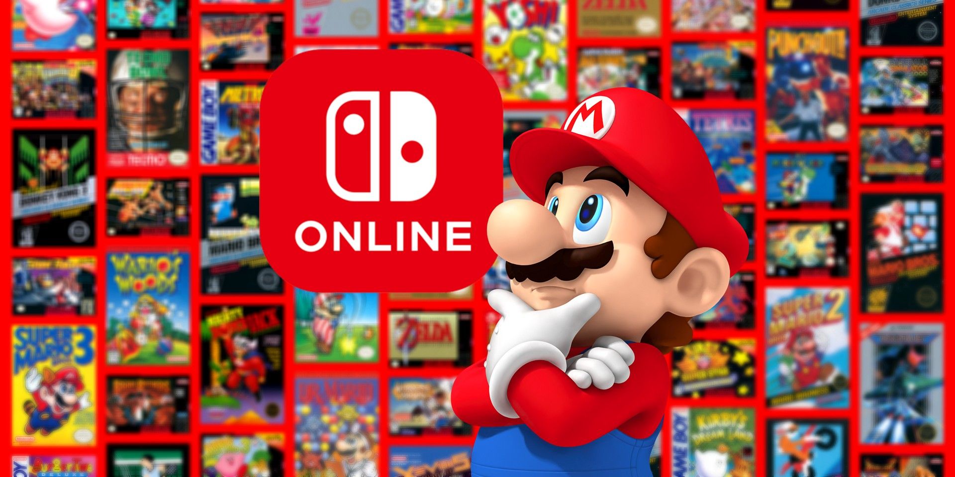 Mario thinking while looking up at the Nintendo Switch Online logo, with a range of NSO games in the background.