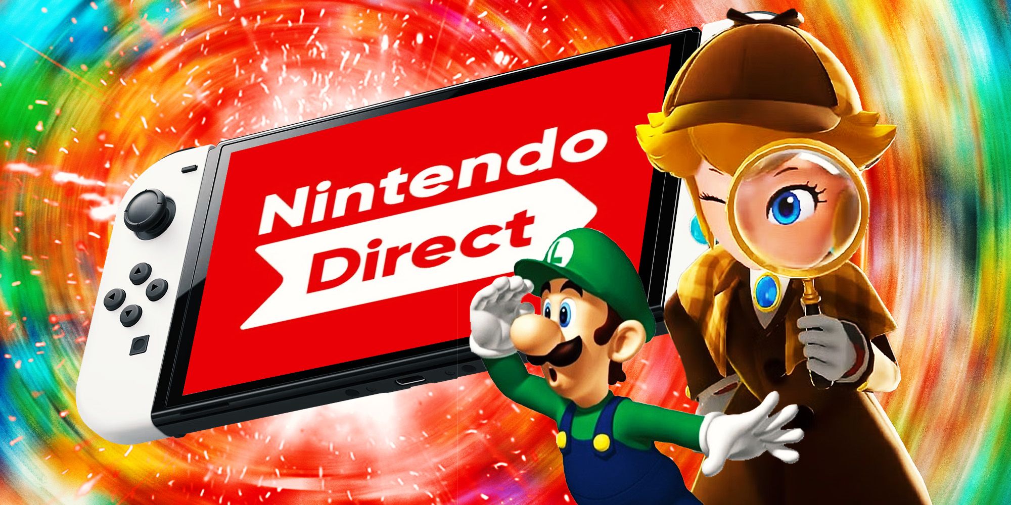 Nintendo switch with the nintendo direct on it and princess peach and luigi looking curious