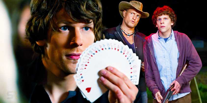 Jesse Eisenberg in Now You See Me and Woody Harrelson and Eisenberg in Zombieland.