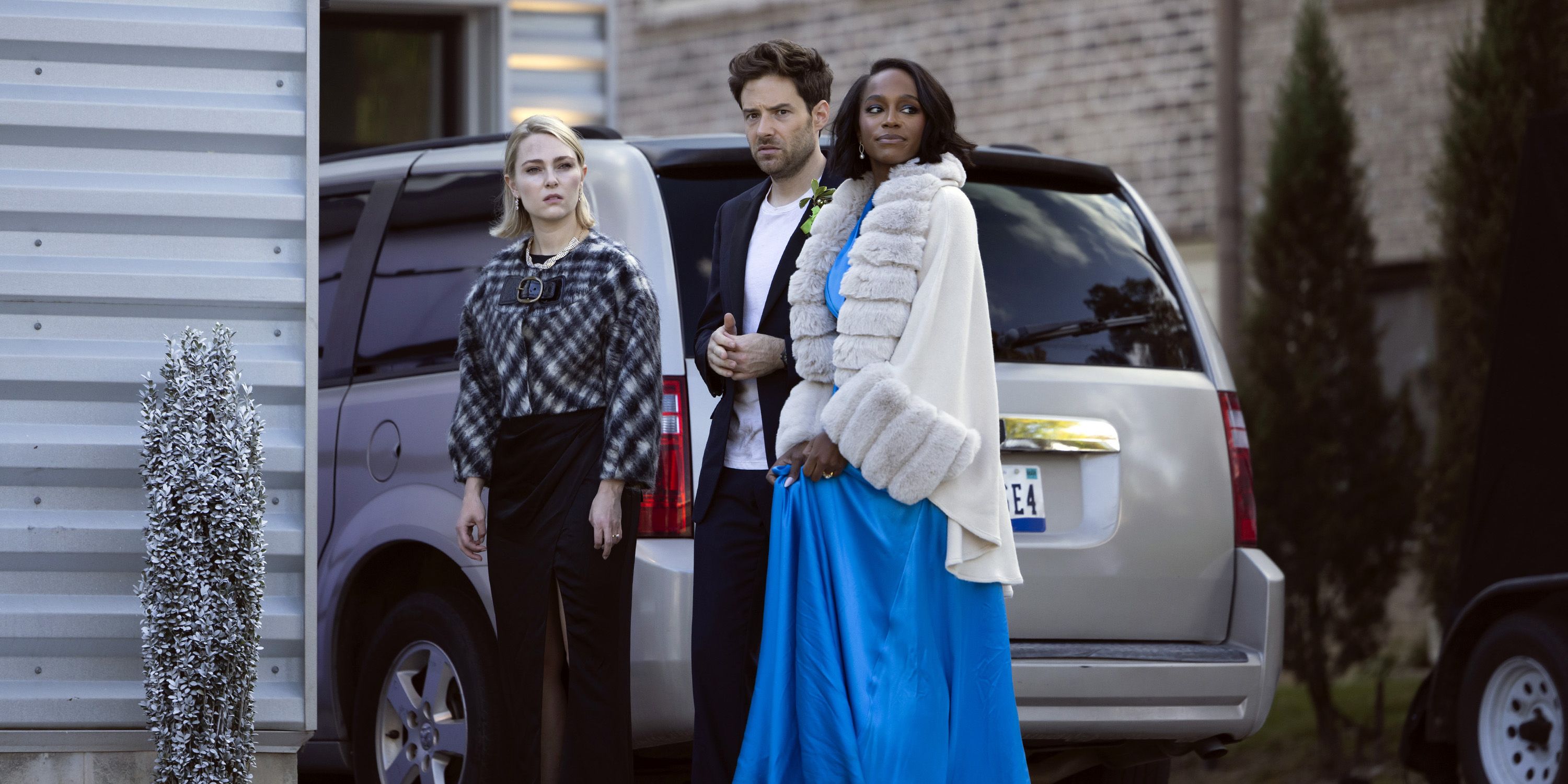 Ben Rappaport as Brett, Aja Naomi King as Catherine, and Melissa Fumero as Birdie in Grosse Point Garden Society season 1, episode 2