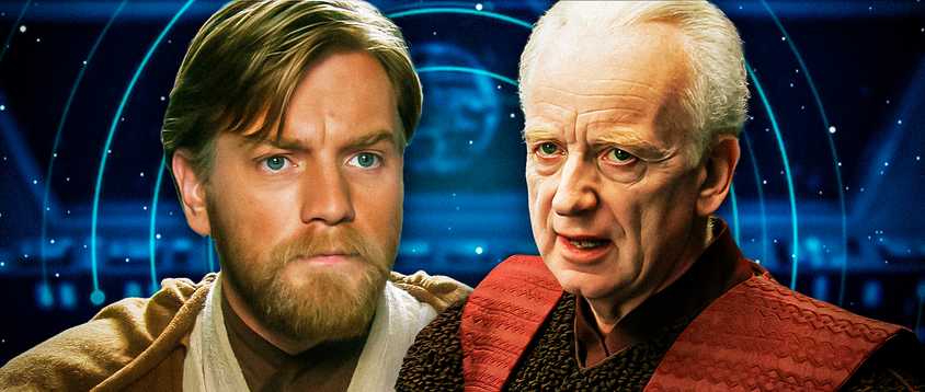 Obi-Wan Kenobi in Revenge of the Sith to the left and Palpatine in Revenge of the Sith to the right in front of a blue background
