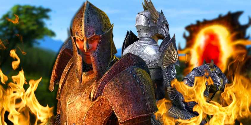 An Imperial Guard from The Elder Scrolls: Oblivion with flames behind him.