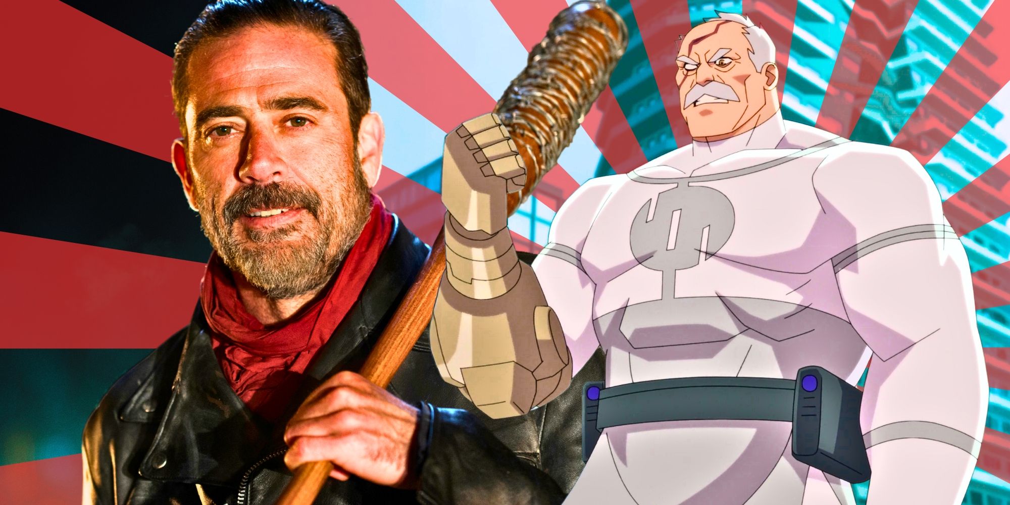 Jeffrey Dean Morgan as Negan from The Walking Dead and Conquest from Invincible  looking menacing