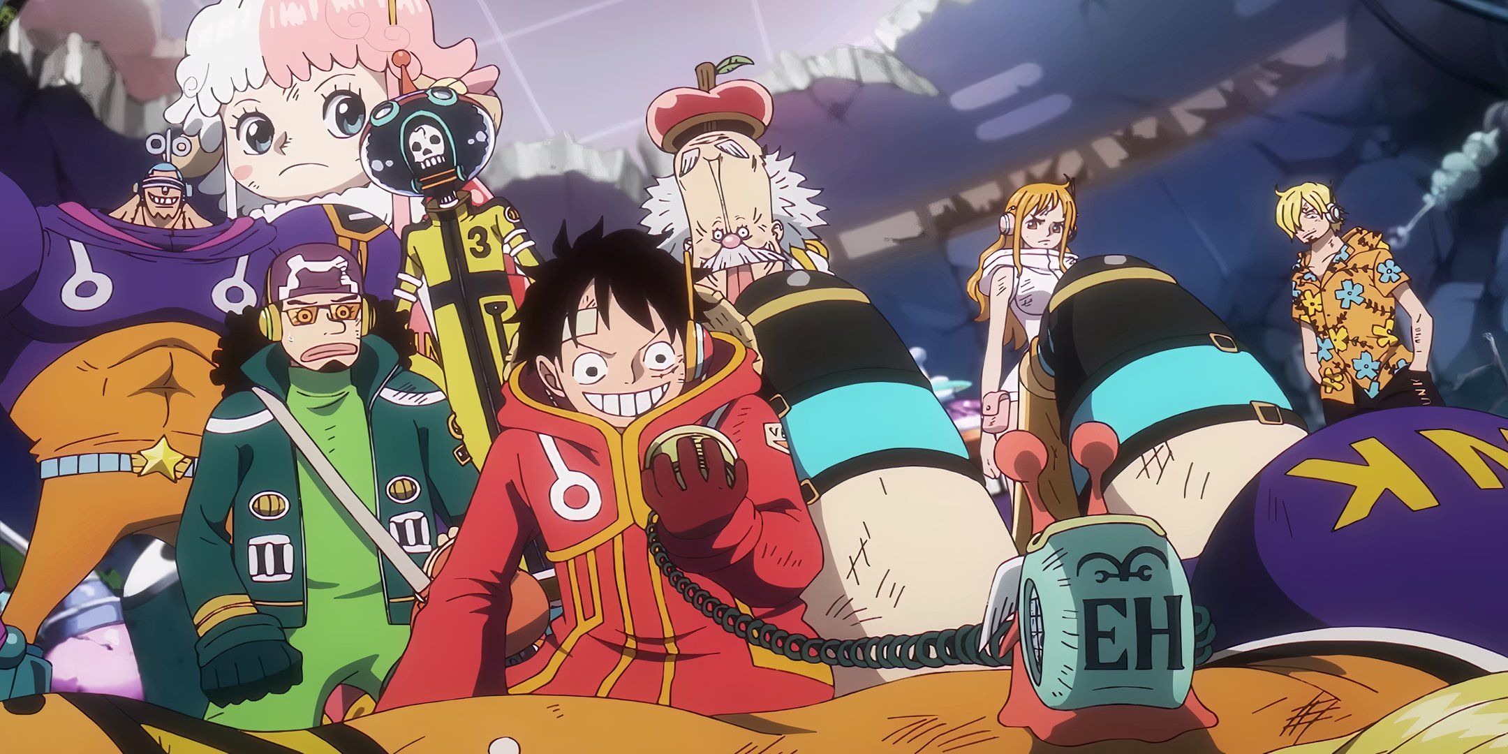 The Straw Hats and Vegapunk standing over York