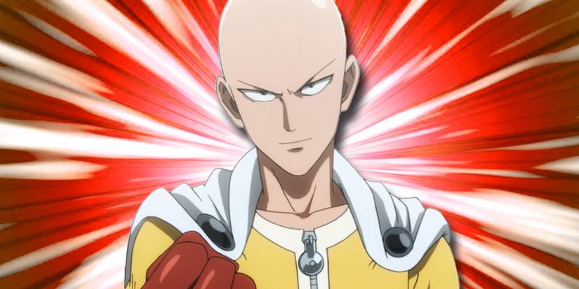 Saitama in front of a red background with a resolute look on his face.