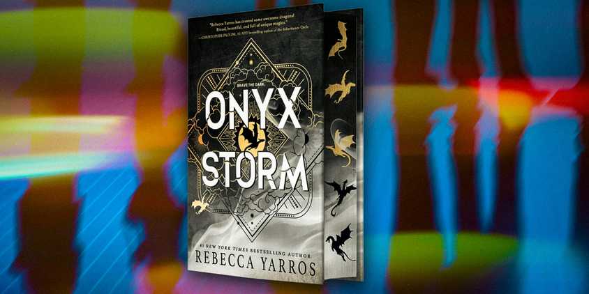 Onyx Storm posed to the side and a colorful background that looks reflective