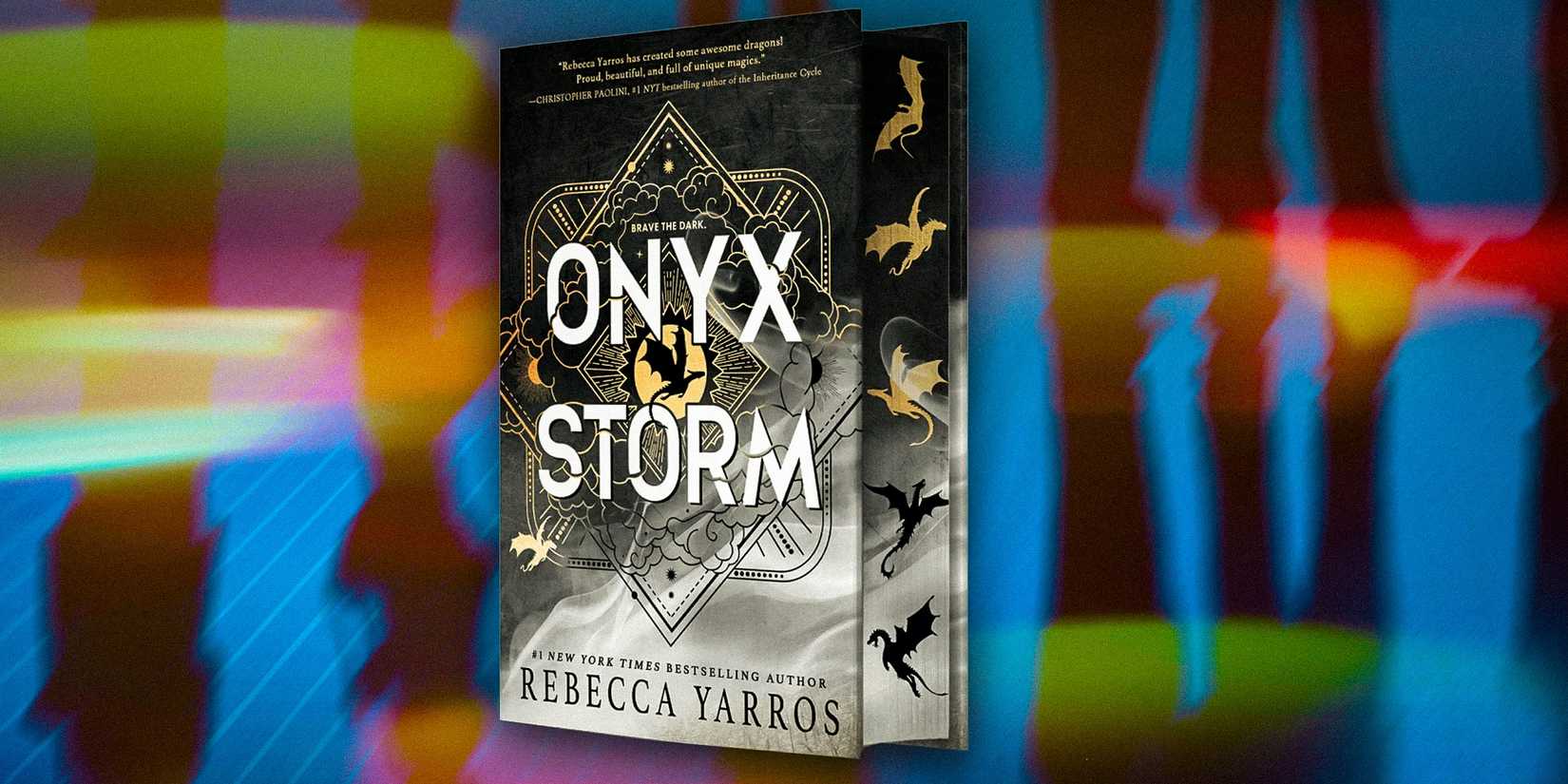 Onyx Storm posed to the side and a colorful background that looks reflective