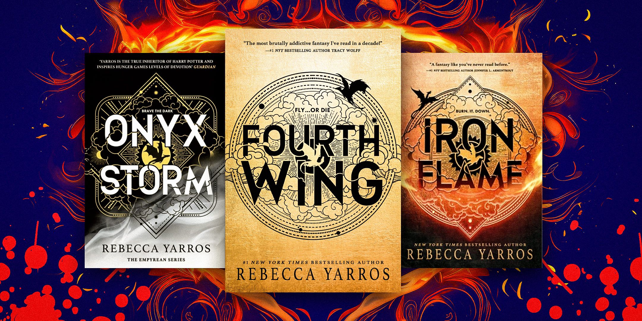 The covers of Onyx Storm, Fourth Wing, and Iron Flame by Rebecca Yarros against a blue background with red flames