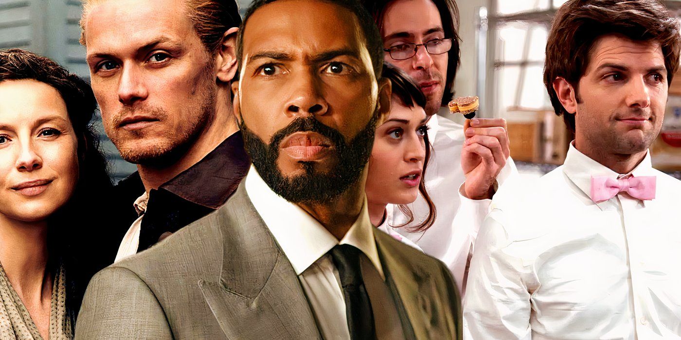 Collage of characters from Outlander, Power and Party Down