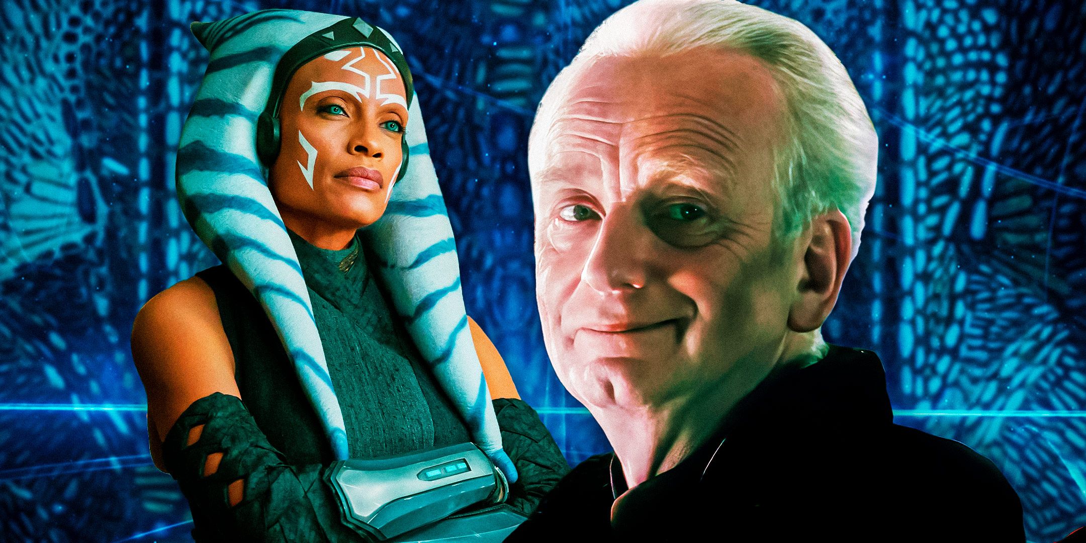 Ahsoka Tano in the Ahsoka show to the left and Palpatine smirking in Revenge of the Sith to the right in front of a blue background