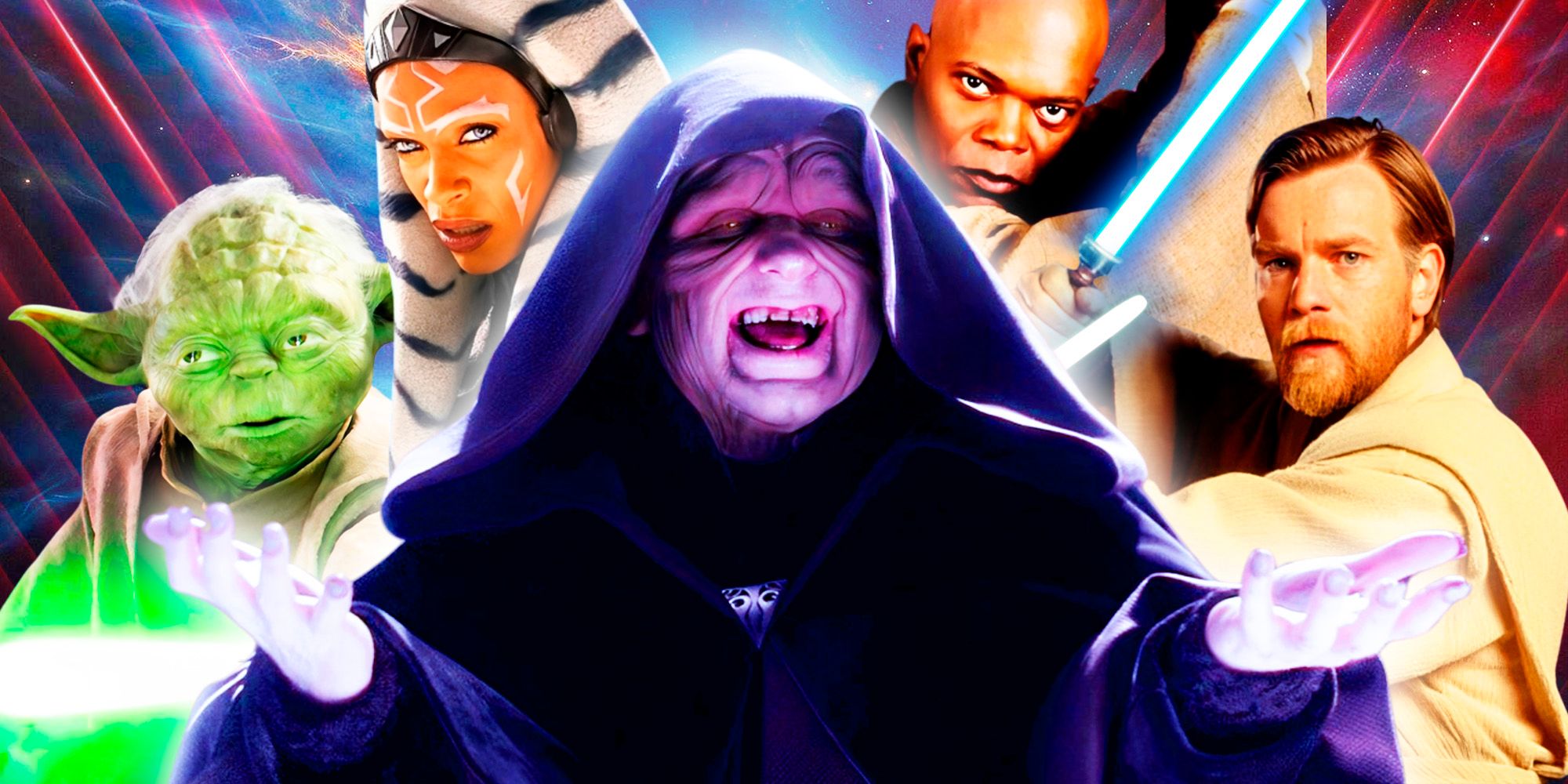 Palpatine in Revenge of the Sith and Jedi from the prequels in the background