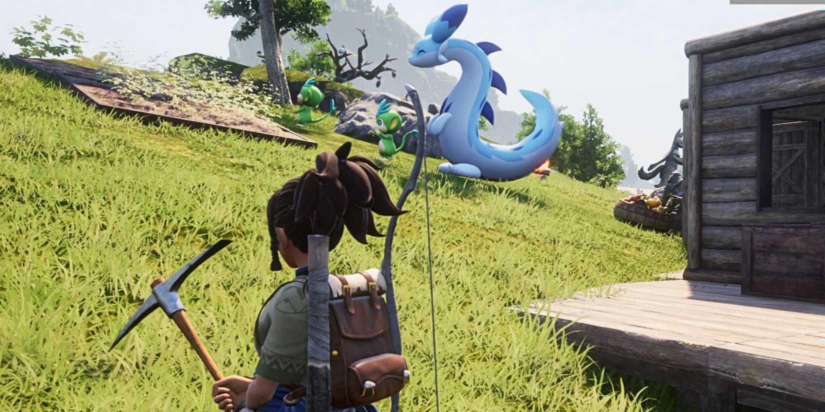 The character in Palworld is watching the Pals take care of the garden.