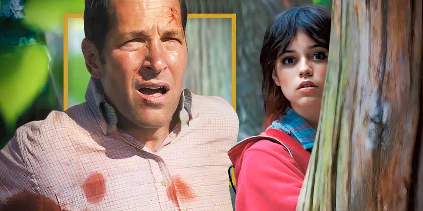 Paul Rudd and Jenna Ortega looking intrigued in Death of a Unicorn Interview header