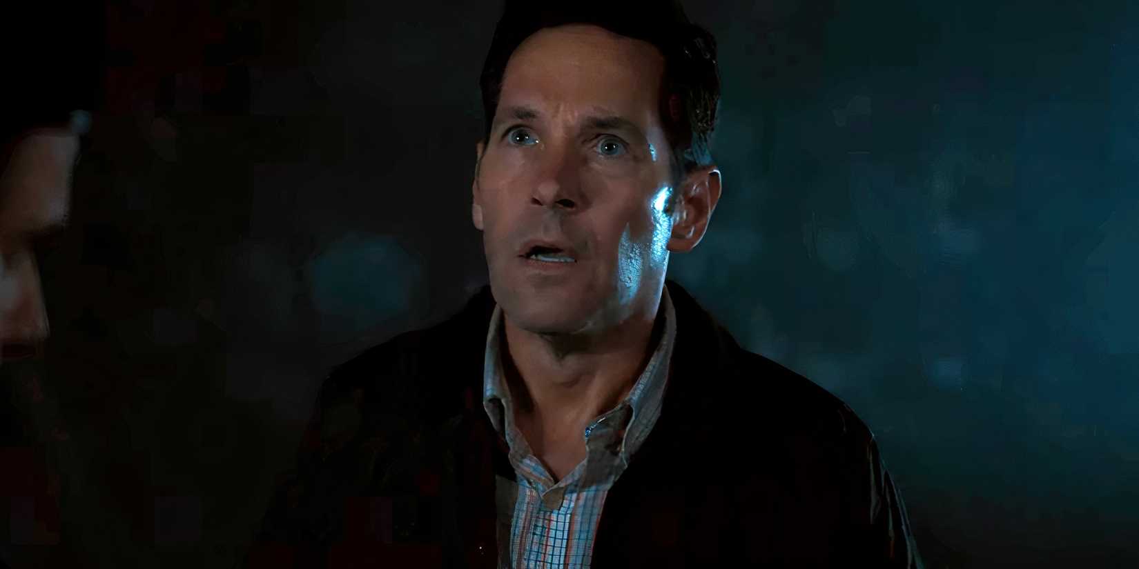 Paul Rudd as Elliot looking scared at something in Death of a Unicorn