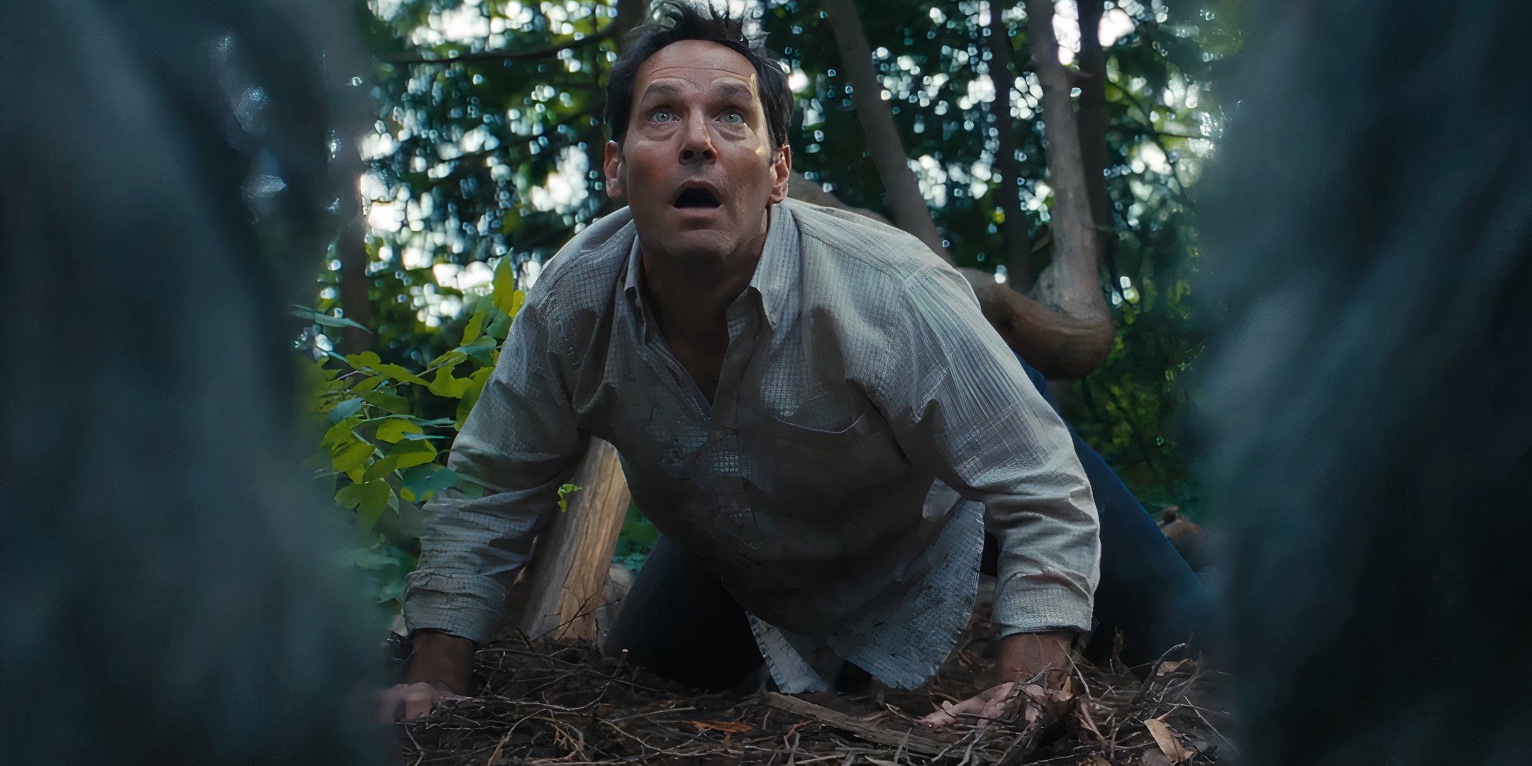 Paul Rudd looking scared up at a unicorn in Death of a Unicorn