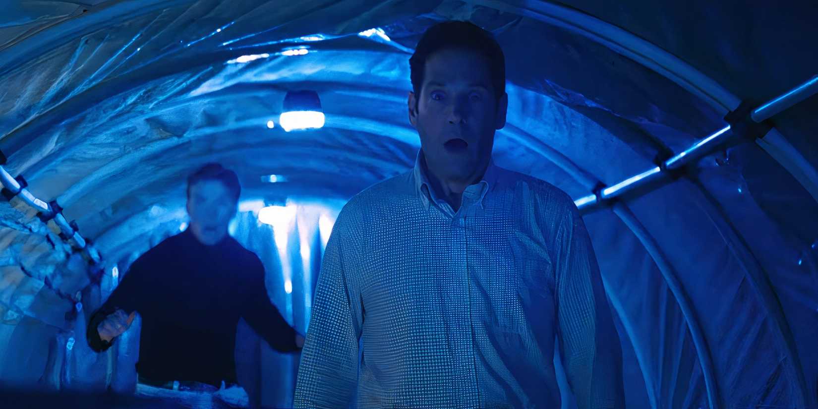 Paul Rudd's Elliot and Will Poulter's Shep looking shocked by something in Death of a Unicorn