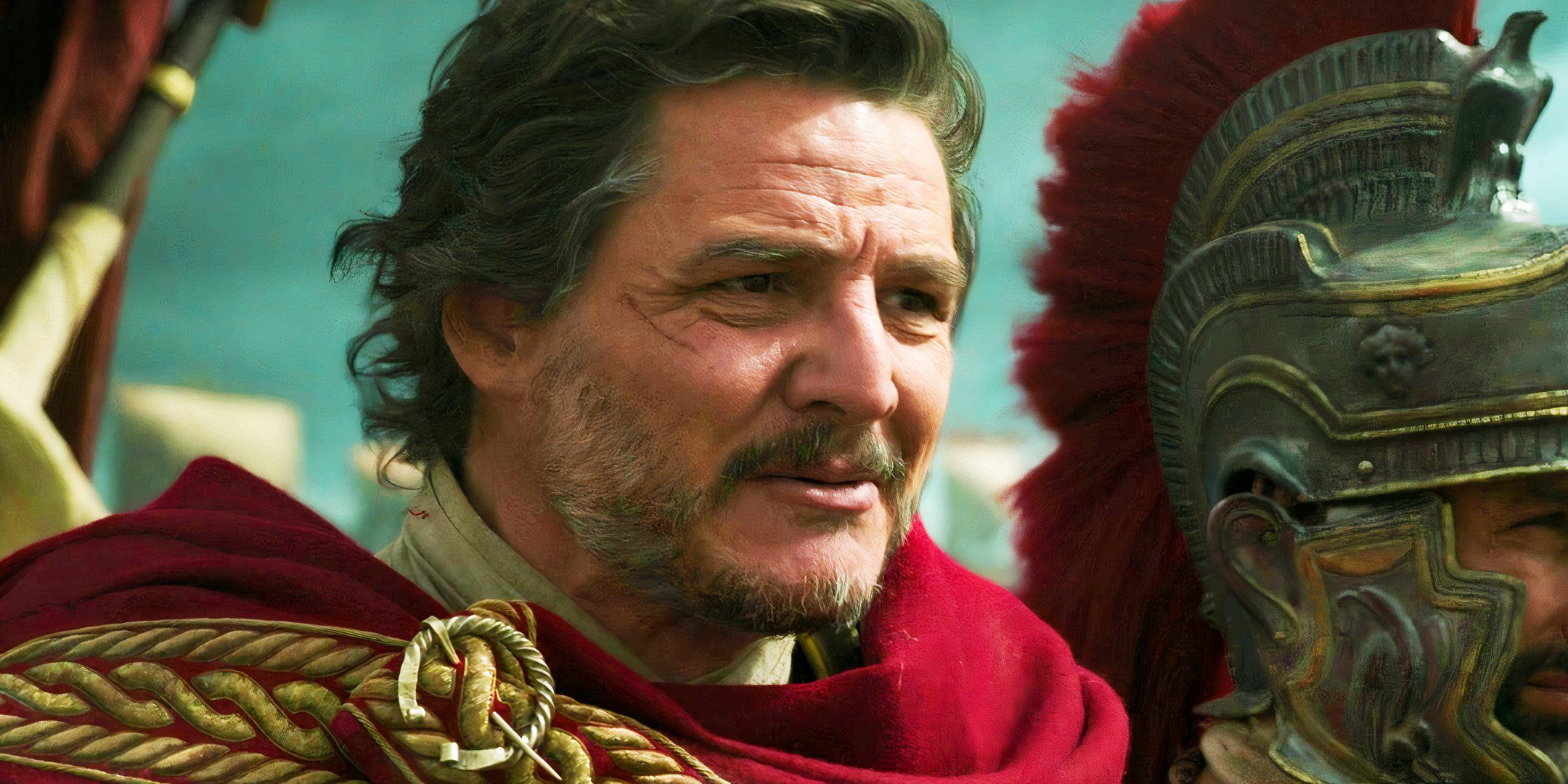 Pedro Pascal looking worried as Acacius in Gladiator 2
