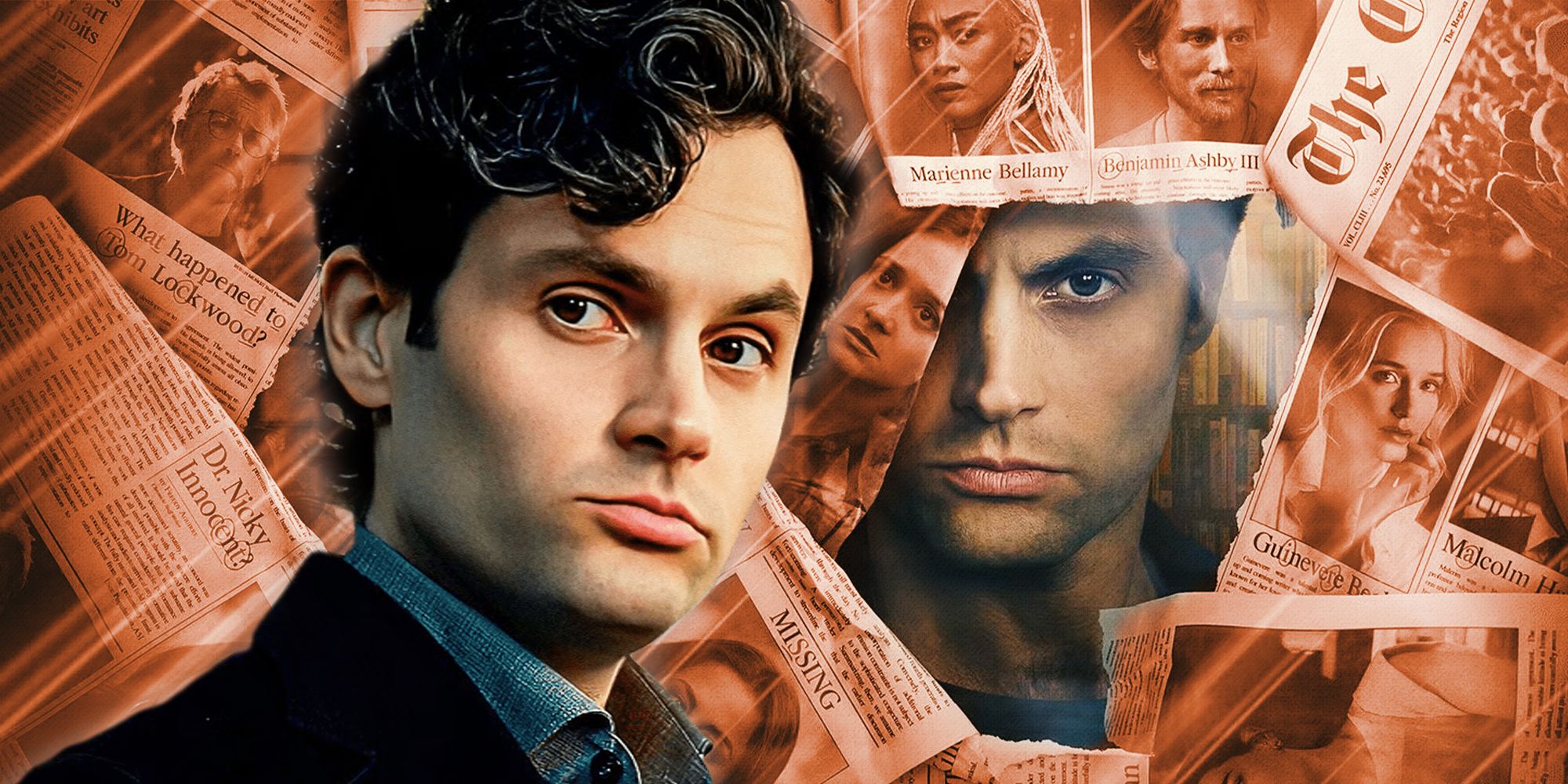 Penn Badgley as joe Goldberg in You In Front of Newspaper Clippings of the Cast