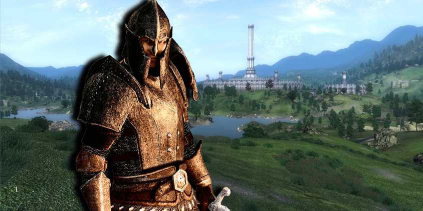 An Imperial soldier in heavy armor standing alongside a landscape shot of the Imperial City in The Elder Scrolls 4: Oblivion 