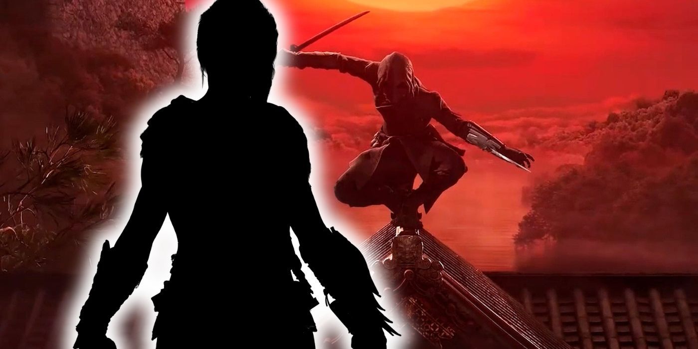 The shadow of Kassandra alongside Naoe in Assassin's Creed Shadows, poised to leap from a roof with her sword and hidden blade