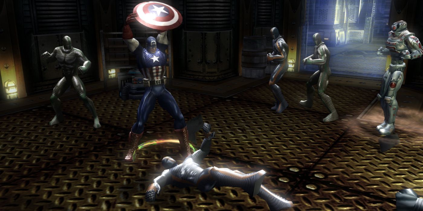 Captain America Using his shield to crush a grounded robot at Marvel Ultimate Alliance.