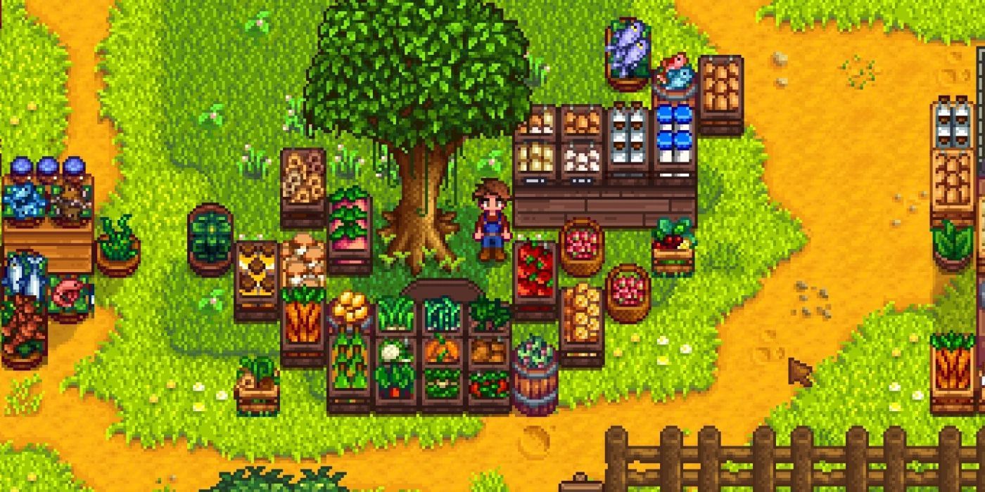 A Stardew Valley player tending their stall under a tree in the Farmer&rsquo;s market mod