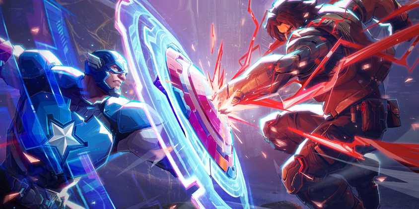 Captain America using his shield to block a punch from the Winter Soldier in Marvel Rivals