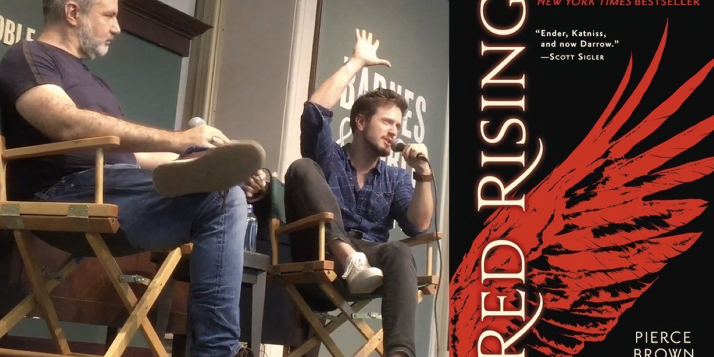 Pierce Brown talking on stage and Red Rising Book Cover on other side of picture