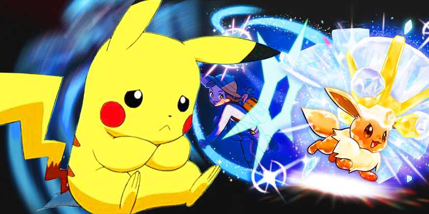 Pikachu in front of keyart from Pokémon Scarlet and Violet.