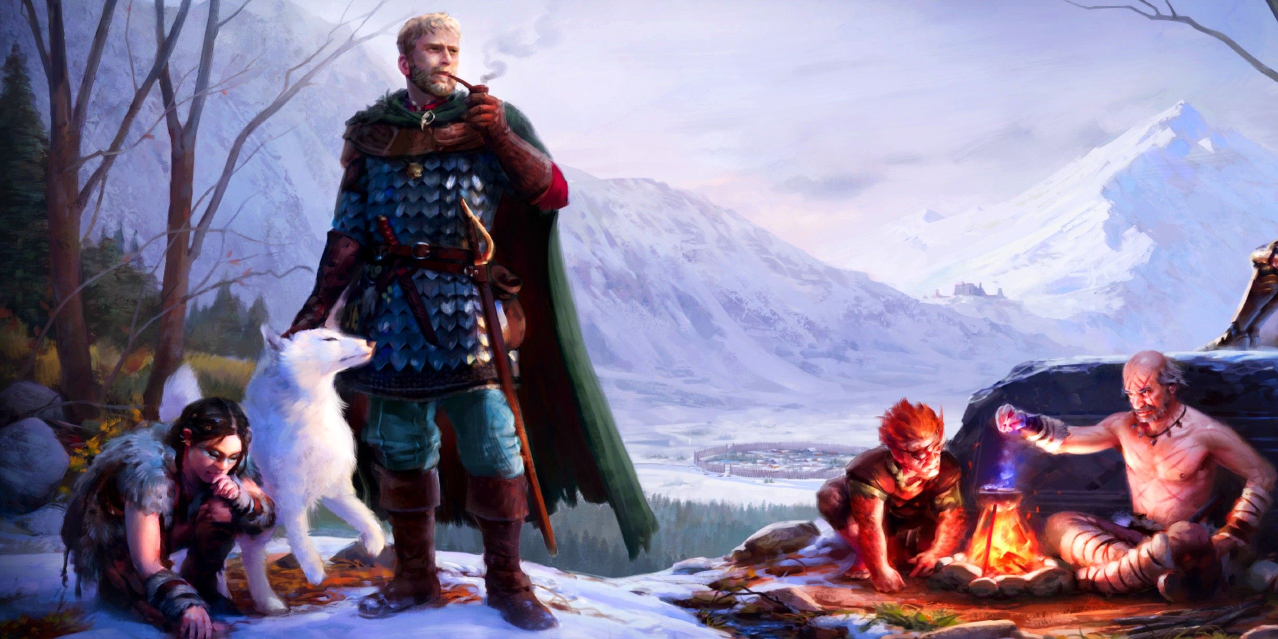 PillarsOfEternity_Companion+FireEder, Sagani, Hiravias, andEder, Sagani, Hiravias, and Zahua around a campfire in the snowy region of White March in Pillars of Eternity