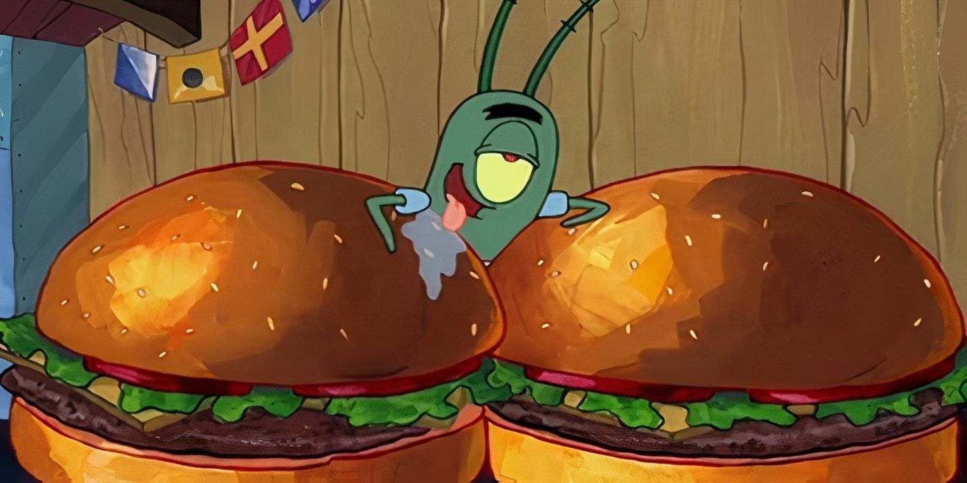 Plankton drooling over two Krabby Patties in SpongeBob SquarePants