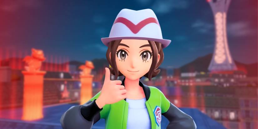 Player giving a thumbs up over a Lumiose City background from Pokemon Legends Z-A.