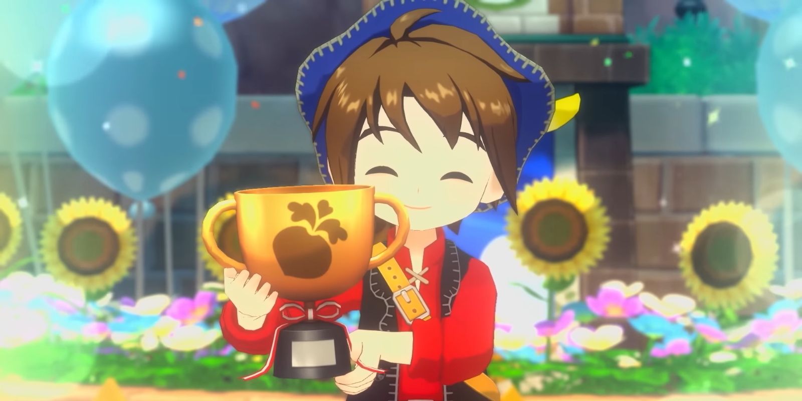 Player holding a trophy in Story of Seasons Grand Bazaar.