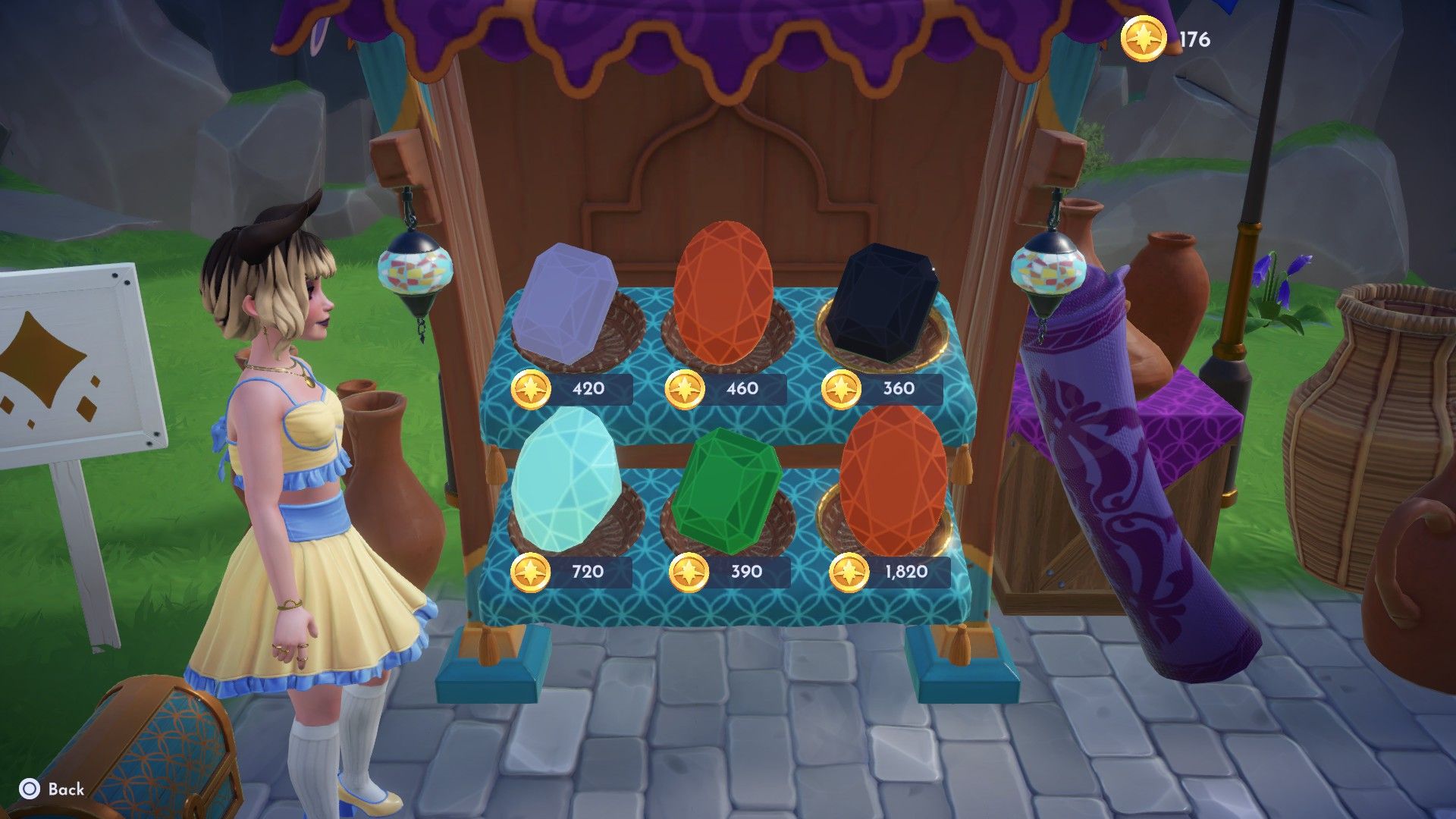 Player looking at the gem tent supply at Disney Dreamlight Valley