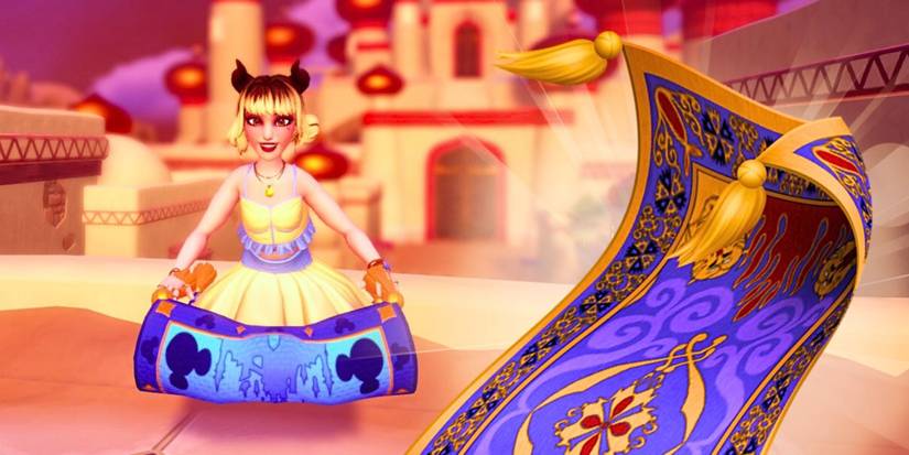 Player riding on Dreamlight Magic Carpet next to the Magic Carpet from Aladdin