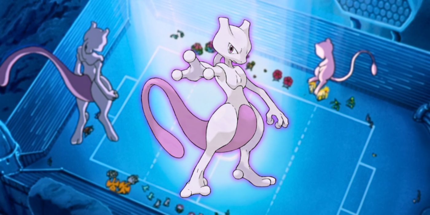 Mew and Mewtwo look on at the Pokemon battle