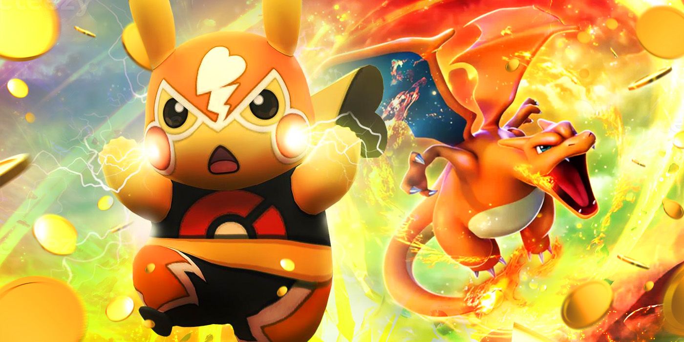 Um Pikachu Libre de Pokémon Go e um Charizard cercado por moedas de ouro.