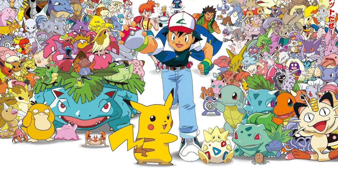 Ash, Misty, and Brock flanked by Pokemon in a poster for the original series.