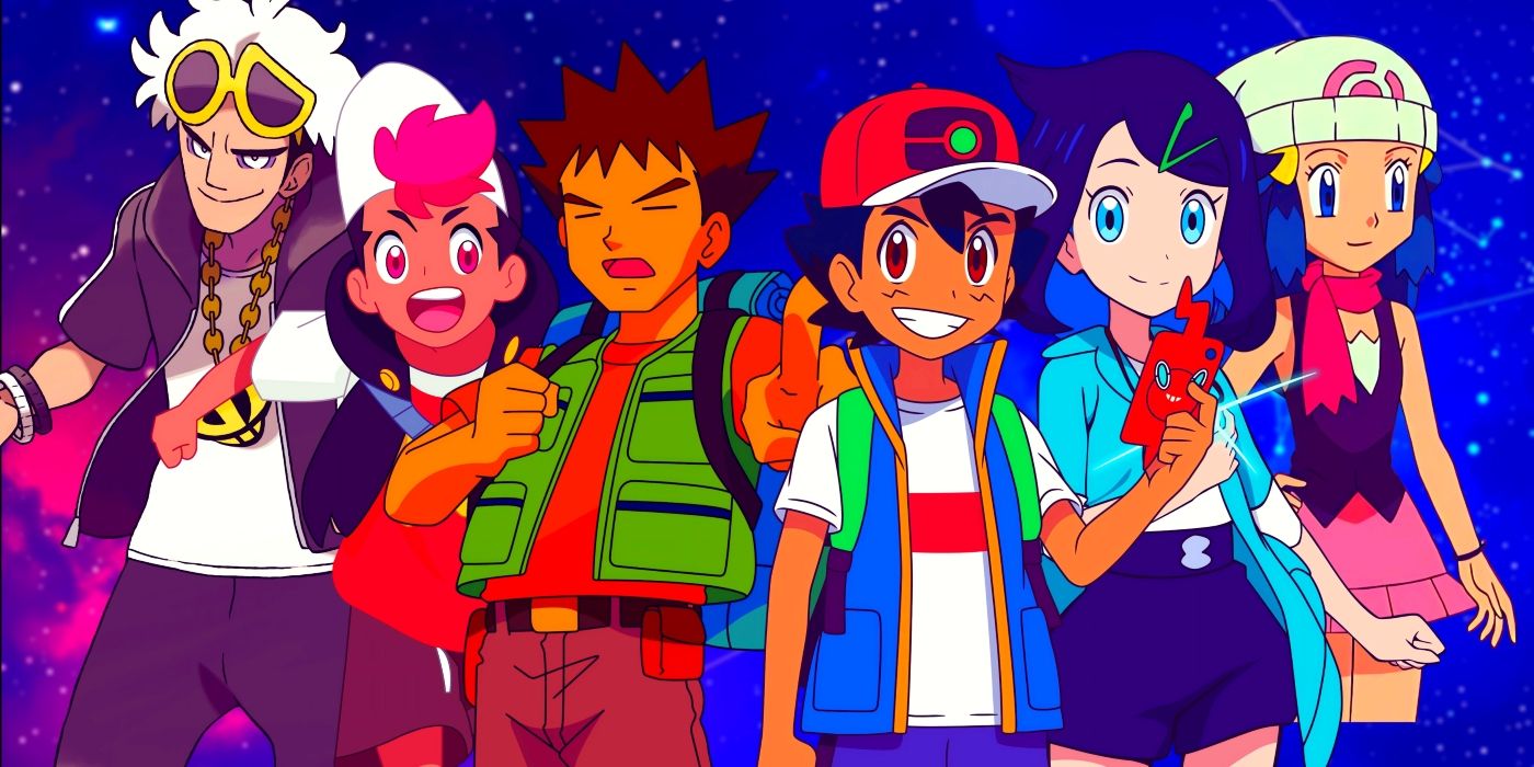 Ash, Brock, Liko, Roy, Dawn, and Guzma standing together. Behind them, a sky with constellations can be seen.