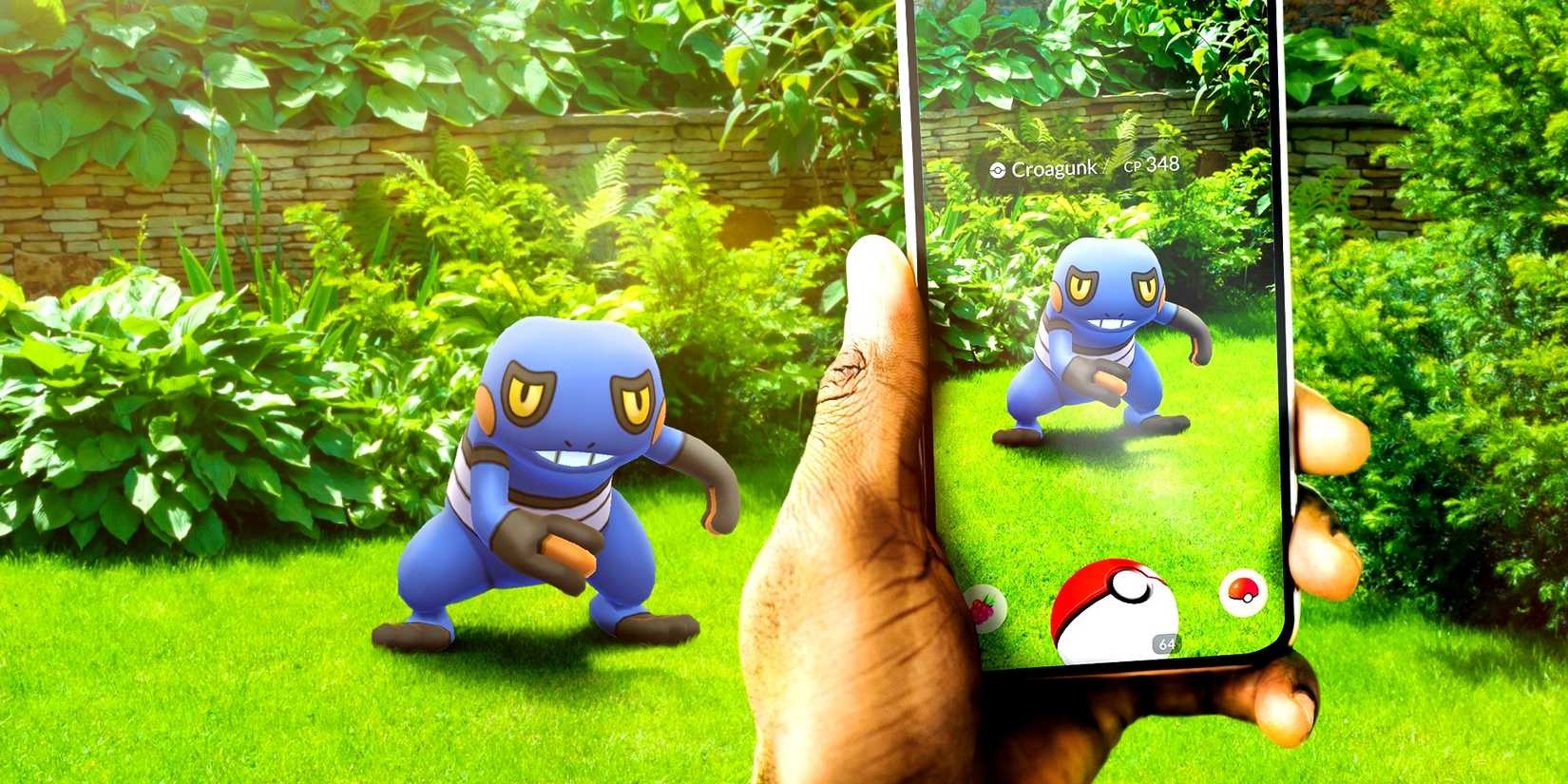 Pokemon GO player holding a phone up to catch a Croagunk