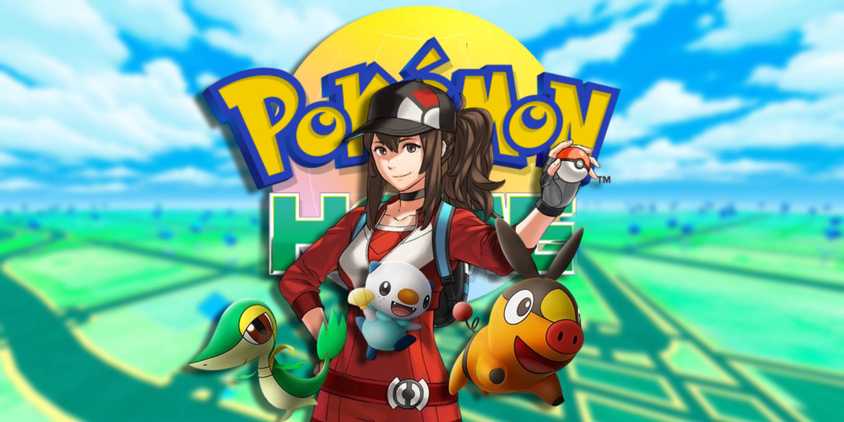 A female trainer from Pokemon Go with Snivy, Tepig, and Oshawott, with the Pokemon Home logo behind them.
