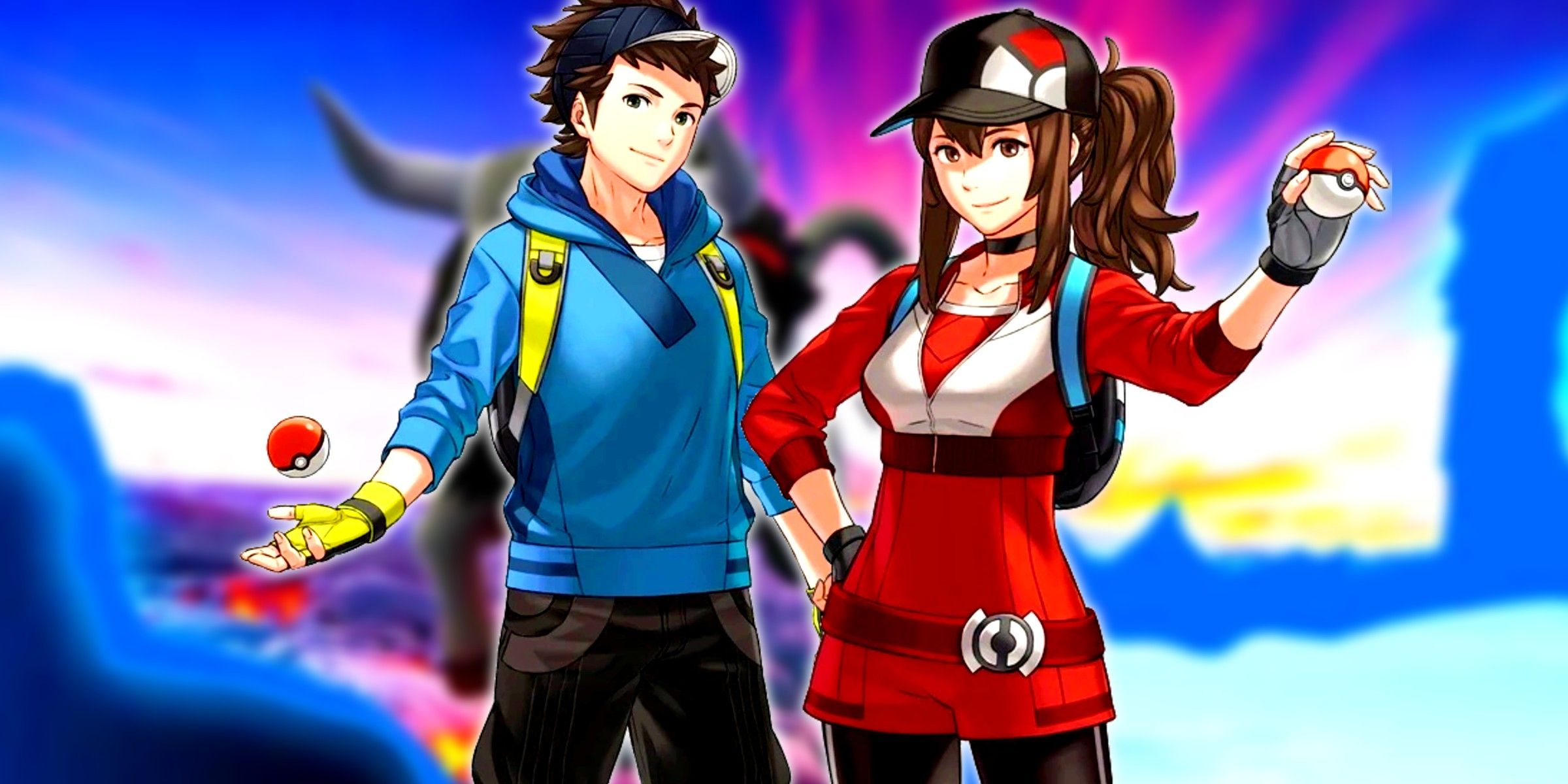 Pokemon go trainers standing in front of a blurred charging paldean taurus