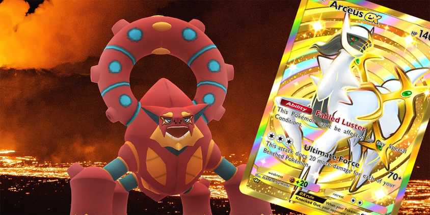 Volcanion in Pokemon GO next to an Arceus card from Pokemon TCG Pocket