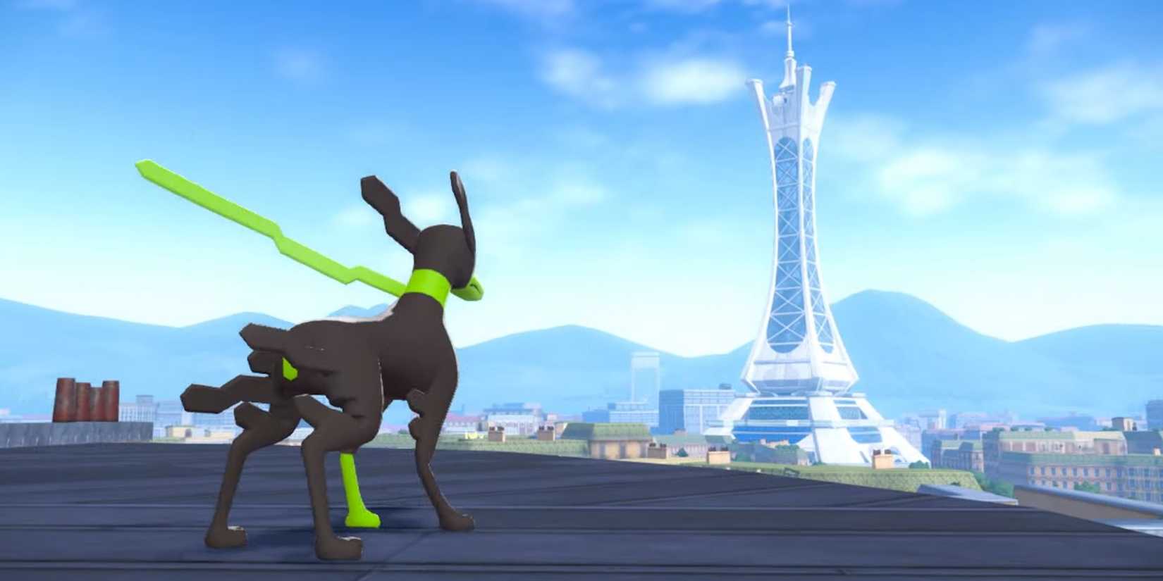 10% Zygarde looking toward Prism Tower in Lumiose City in a trailer for Pokémon Legends: Z-A.